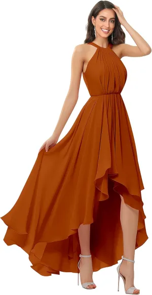 Women's Halter Chiffon Bridesmaid Dresses High Low for Wedding A-Line Pleated Formal Gown with Pockets