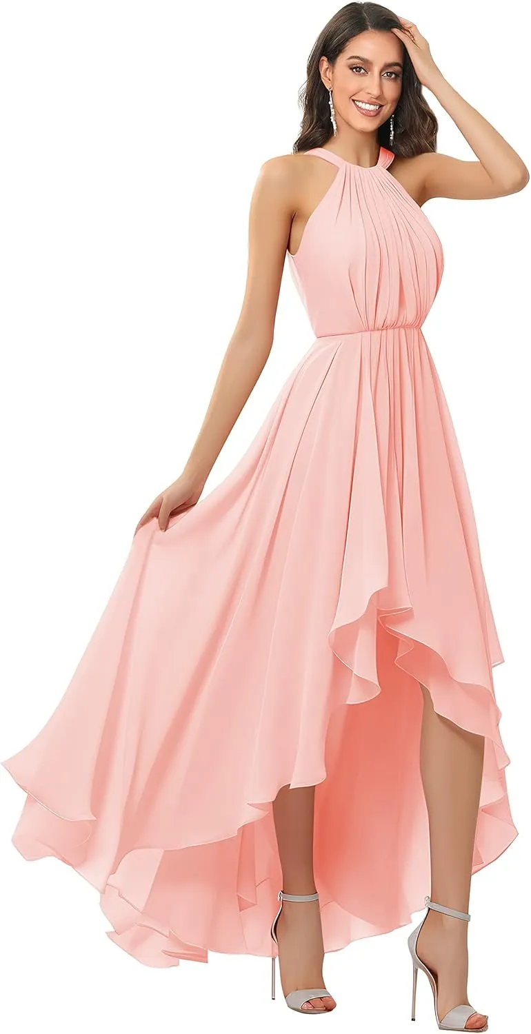 Women's Halter Chiffon Bridesmaid Dresses High Low for Wedding A-Line Pleated Formal Gown with Pockets