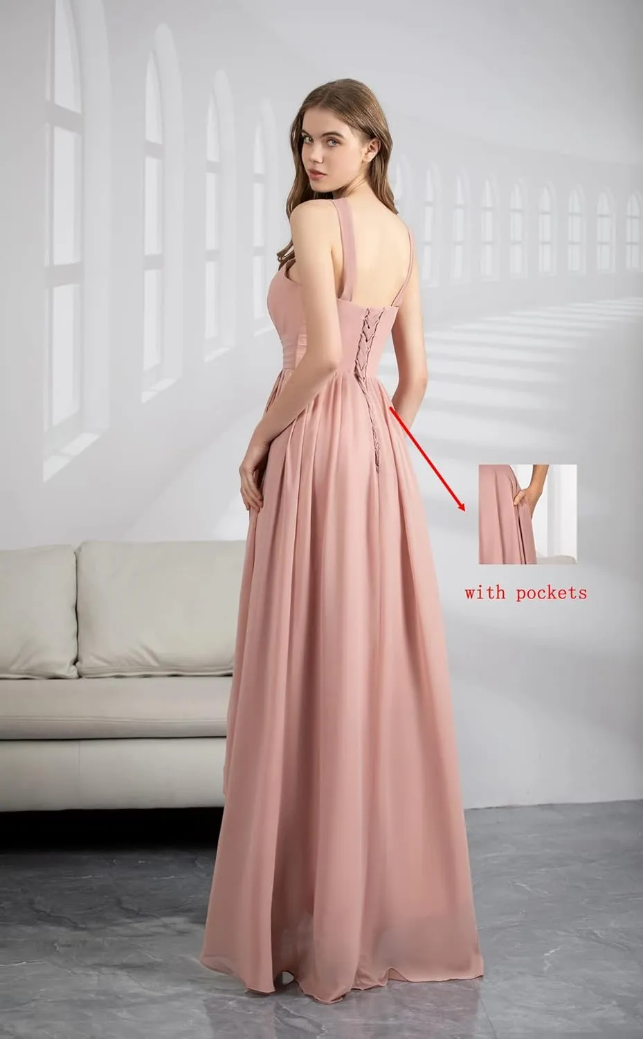 Women's Halter Chiffon Bridesmaid Dresses High Low for Wedding A-Line Pleated Formal Gown with Pockets