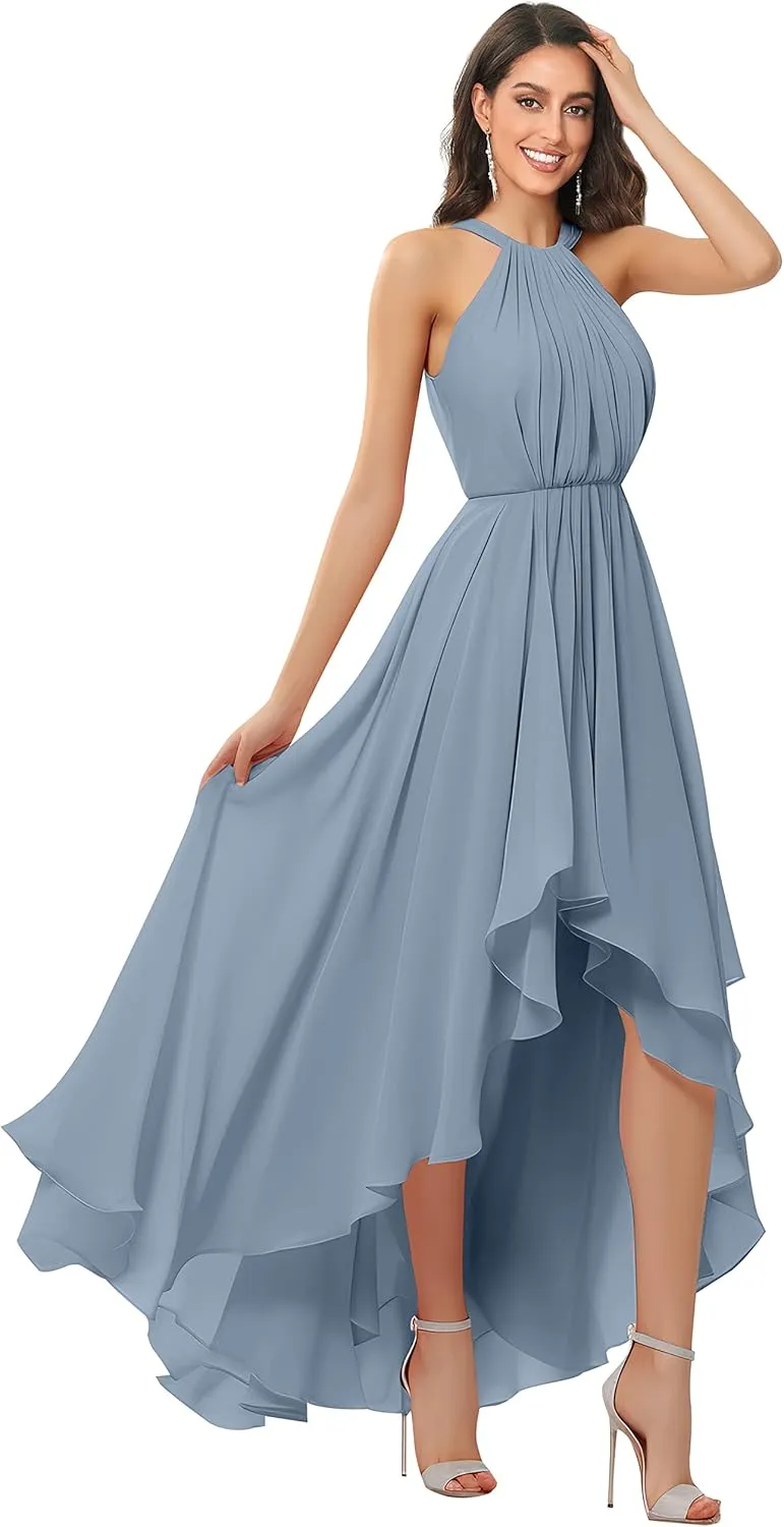 Women's Halter Chiffon Bridesmaid Dresses High Low for Wedding A-Line Pleated Formal Gown with Pockets