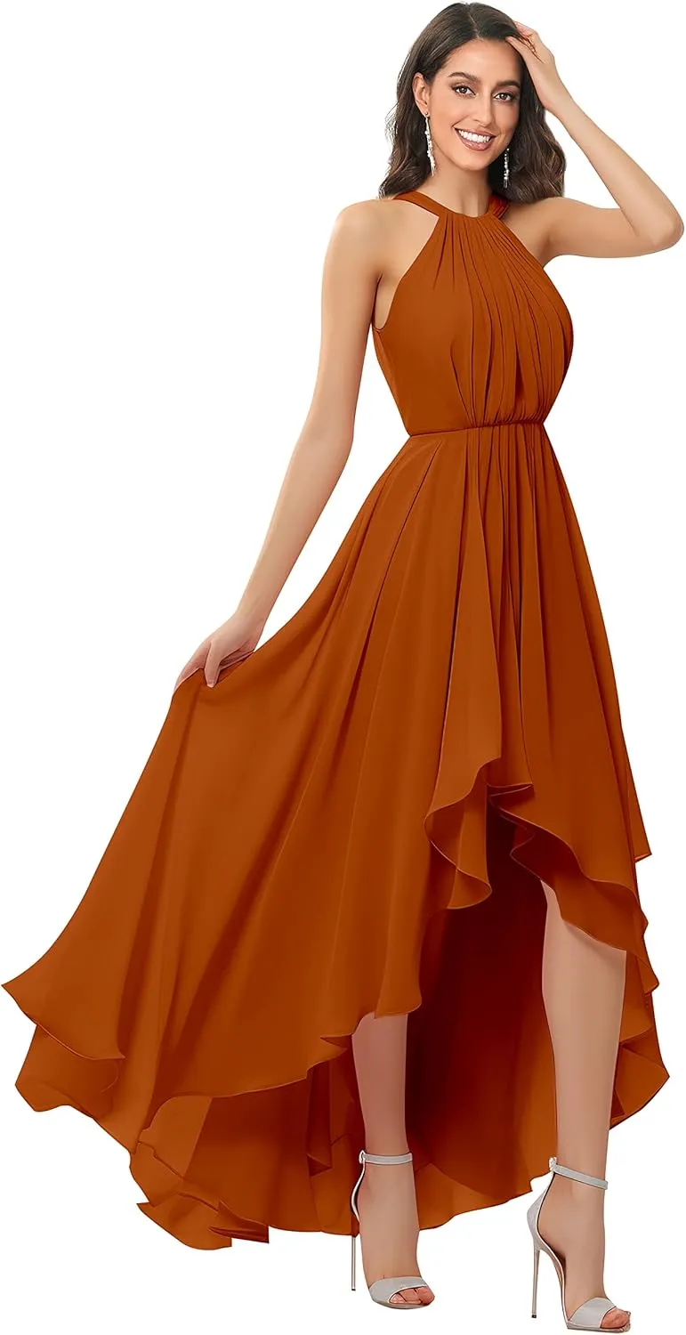 Women's Halter Chiffon Bridesmaid Dresses High Low for Wedding A-Line Pleated Formal Gown with Pockets