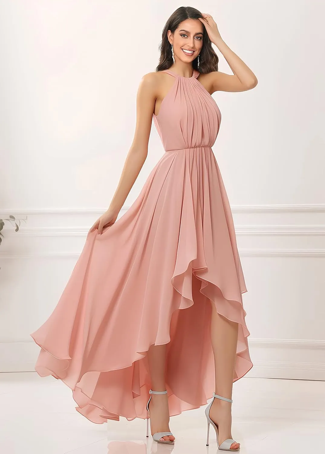 Women's Halter Chiffon Bridesmaid Dresses High Low for Wedding A-Line Pleated Formal Gown with Pockets
