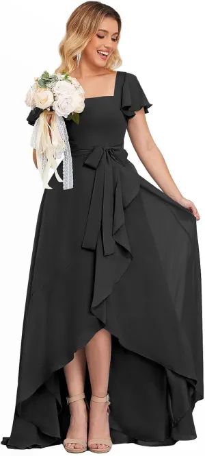 Women's High Low Chiffon Bridesmaid Dresses for Wedding Short SleevesRuffled Formal Dress with Belt