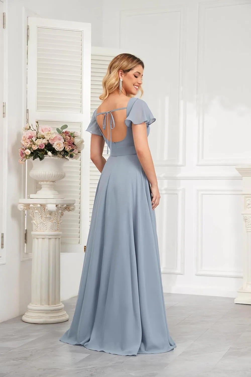 Women's High Low Chiffon Bridesmaid Dresses for Wedding Short SleevesRuffled Formal Dress with Belt