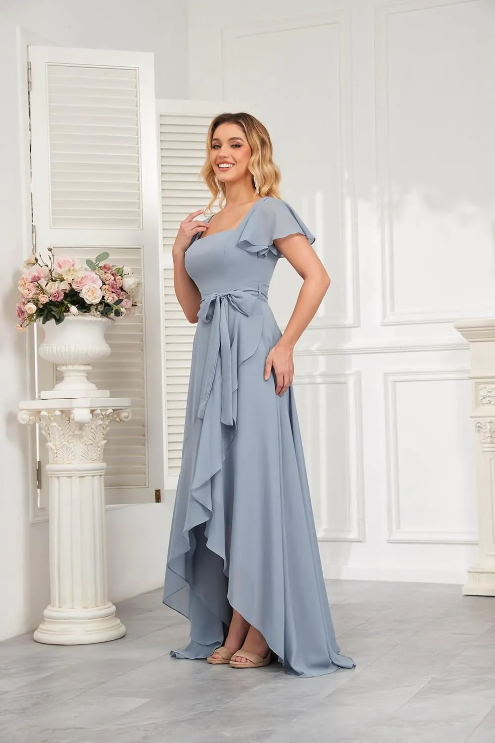 Women's High Low Chiffon Bridesmaid Dresses for Wedding Short SleevesRuffled Formal Dress with Belt