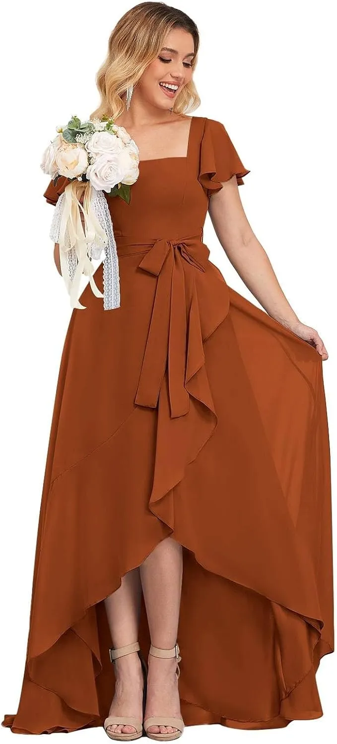 Women's High Low Chiffon Bridesmaid Dresses for Wedding Short SleevesRuffled Formal Dress with Belt