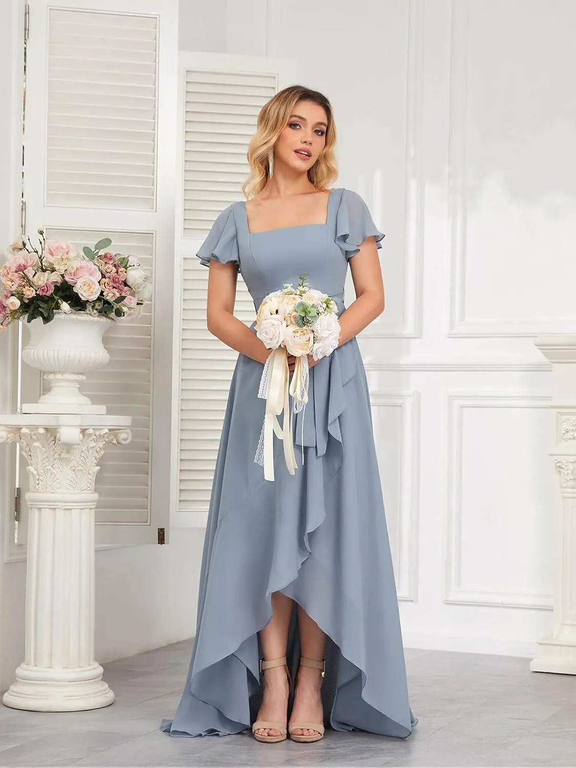 Women's High Low Chiffon Bridesmaid Dresses for Wedding Short SleevesRuffled Formal Dress with Belt