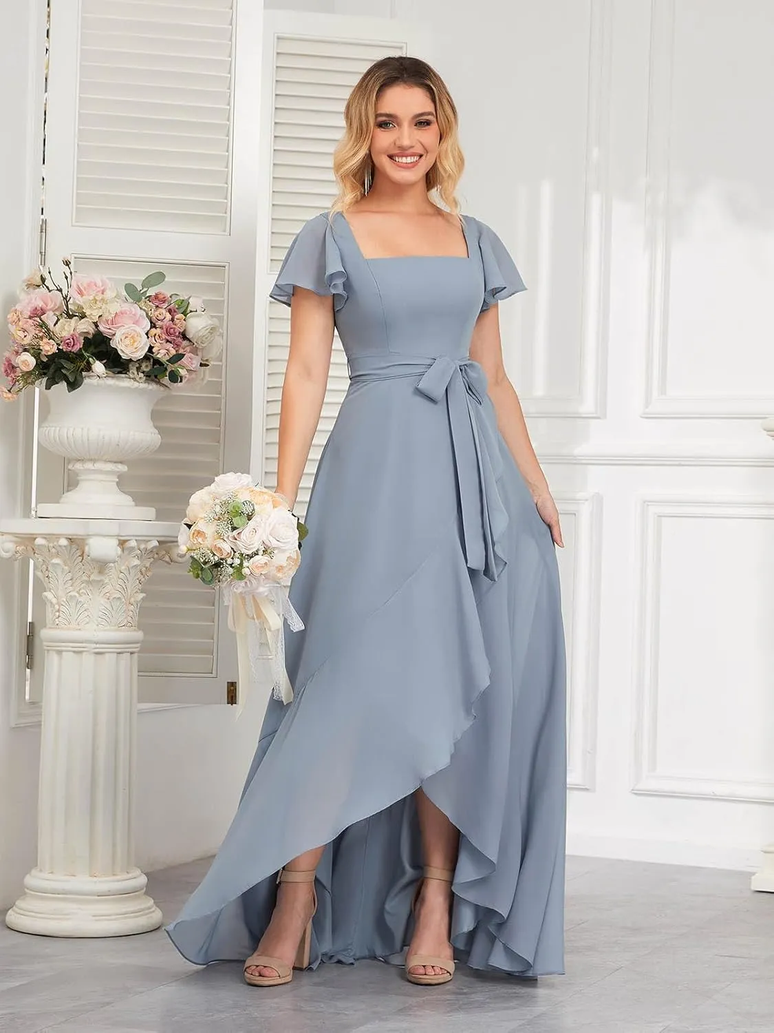 Women's High Low Chiffon Bridesmaid Dresses for Wedding Short SleevesRuffled Formal Dress with Belt