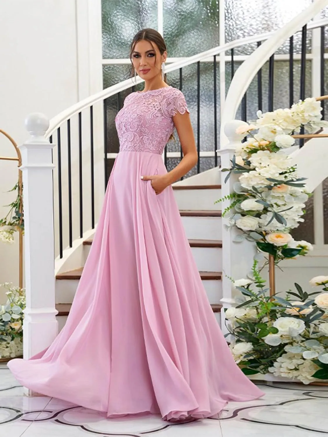 Women's Lace Bridesmaid Dresses Long for Wedding Cap Sleeves Chiffon A-Line Formal Gown with Pockets