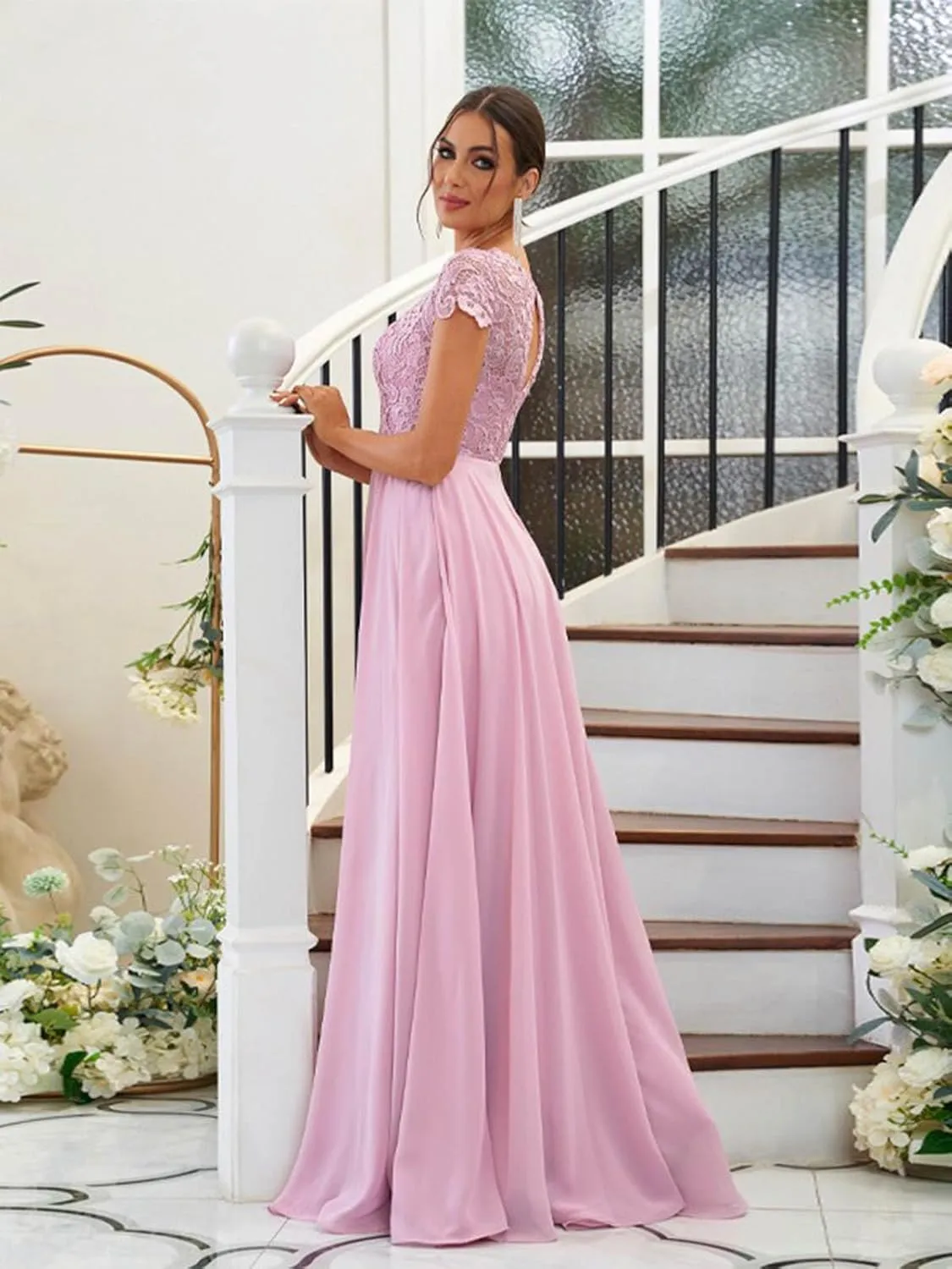 Women's Lace Bridesmaid Dresses Long for Wedding Cap Sleeves Chiffon A-Line Formal Gown with Pockets
