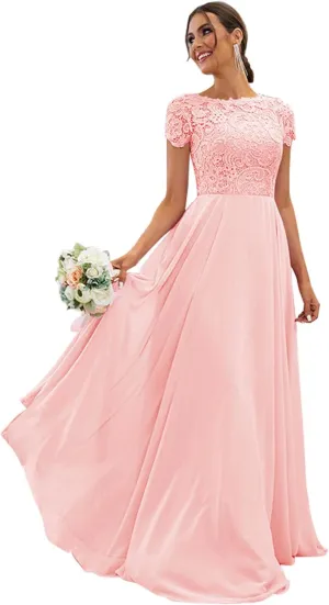 Women's Lace Bridesmaid Dresses Long for Wedding Cap Sleeves Chiffon A-Line Formal Gown with Pockets