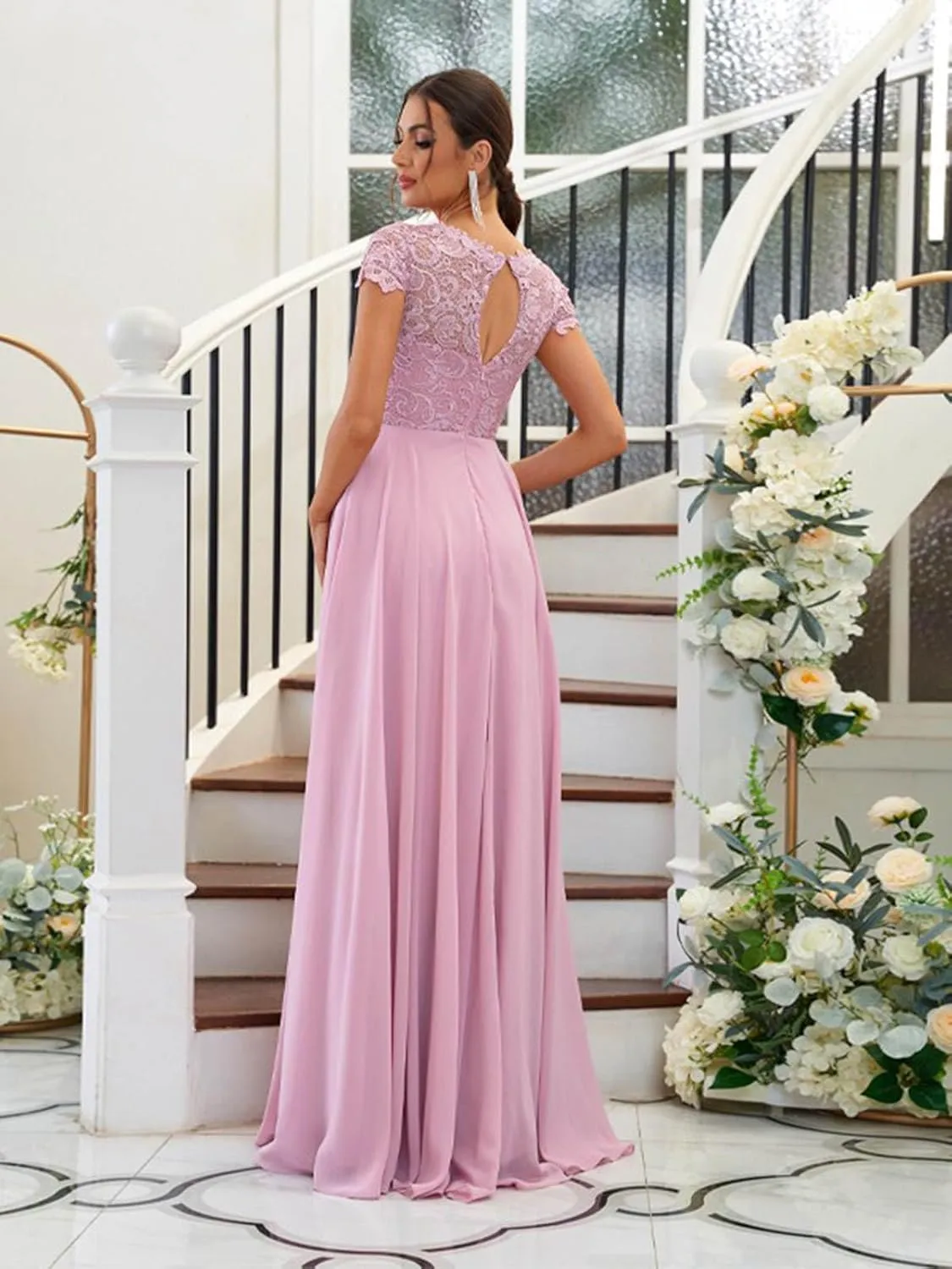 Women's Lace Bridesmaid Dresses Long for Wedding Cap Sleeves Chiffon A-Line Formal Gown with Pockets
