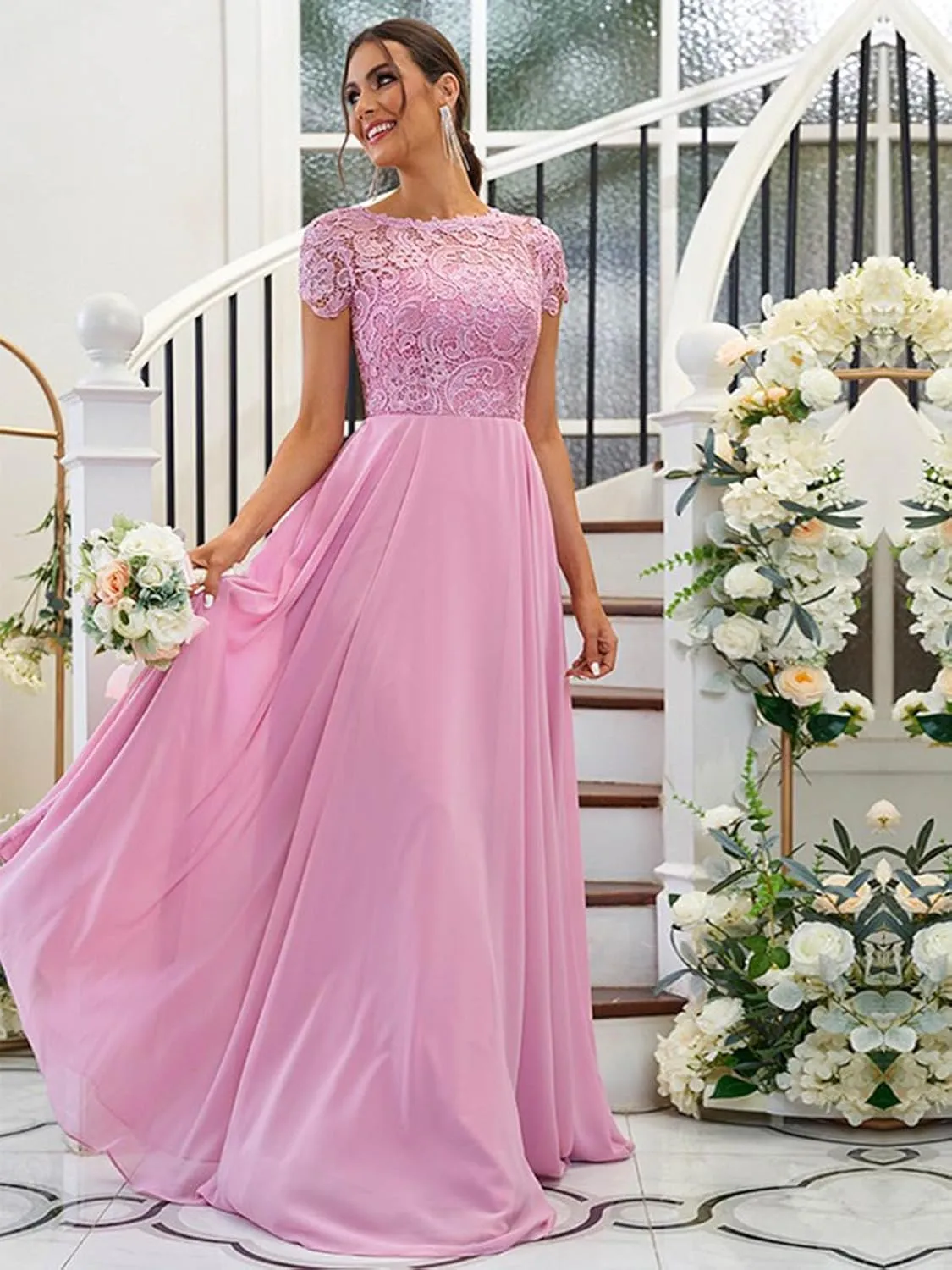 Women's Lace Bridesmaid Dresses Long for Wedding Cap Sleeves Chiffon A-Line Formal Gown with Pockets