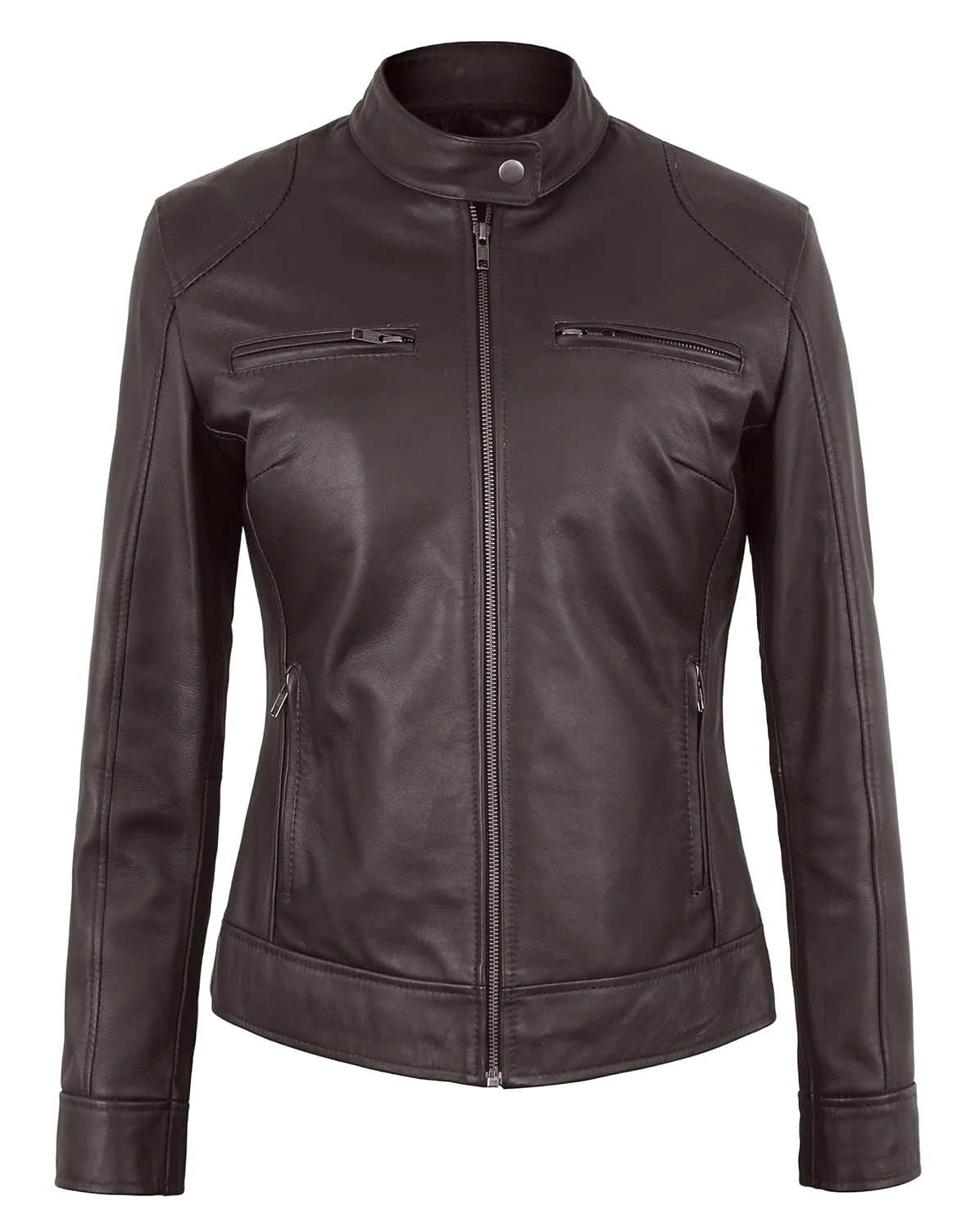 Womens Leather Jacket - Cafe Racer Moto Style Real Leather Jacket Women