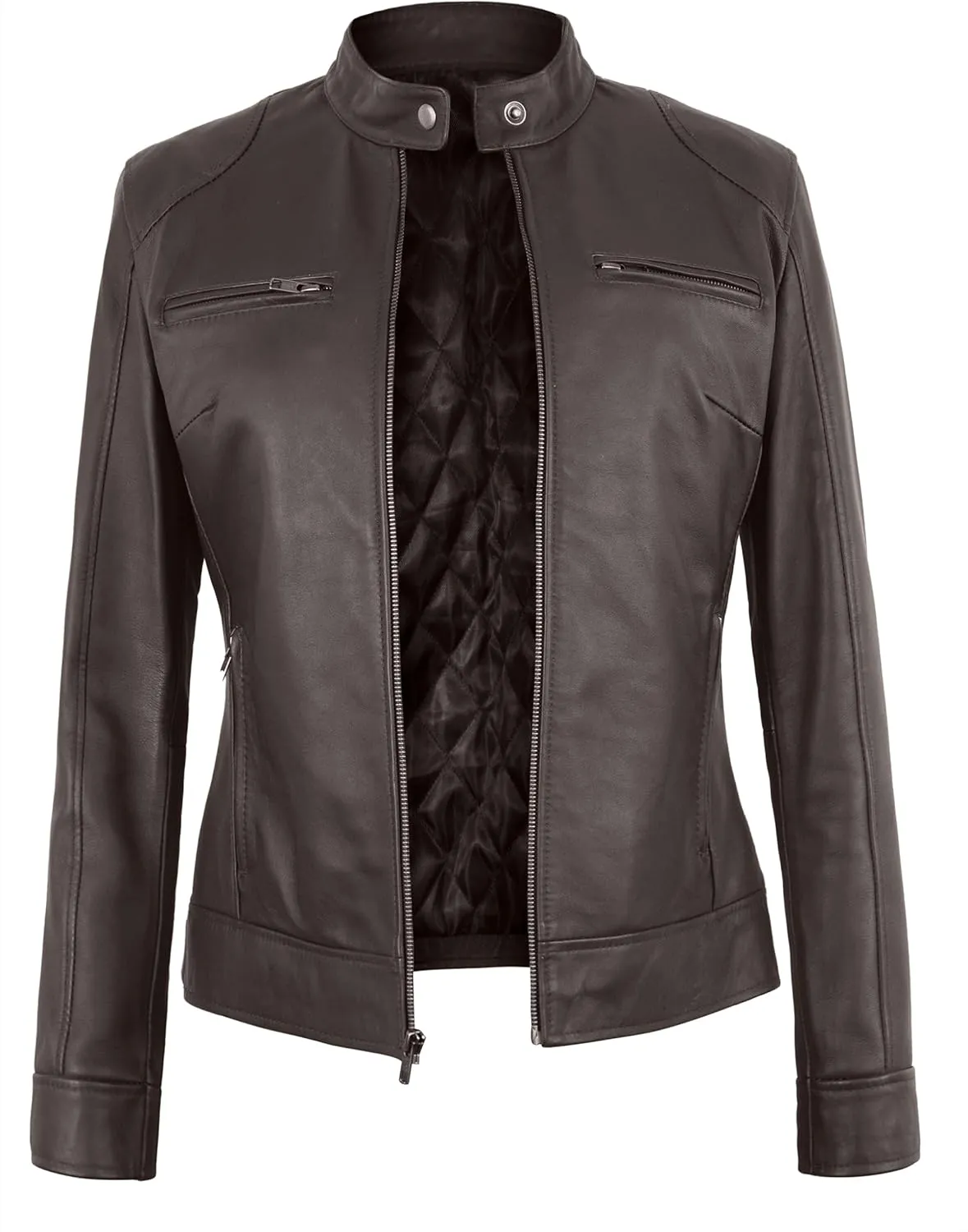 Womens Leather Jacket - Cafe Racer Moto Style Real Leather Jacket Women