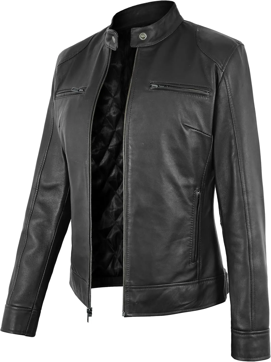 Womens Leather Jacket - Cafe Racer Moto Style Real Leather Jacket Women
