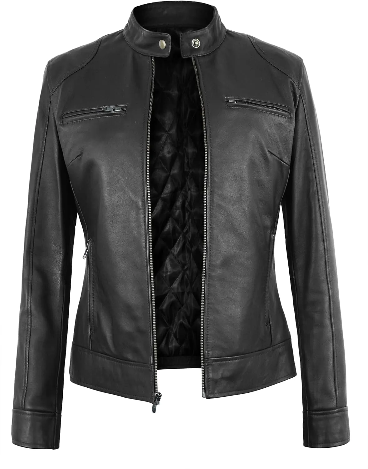 Womens Leather Jacket - Cafe Racer Moto Style Real Leather Jacket Women