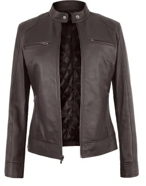 Womens Leather Jacket - Cafe Racer Moto Style Real Leather Jacket Women