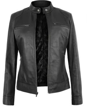 Womens Leather Jacket - Cafe Racer Moto Style Real Leather Jacket Women