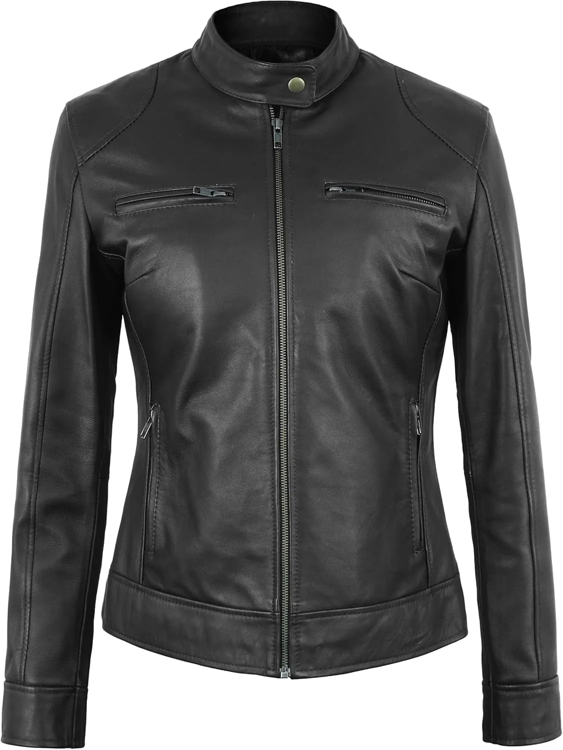 Womens Leather Jacket - Cafe Racer Moto Style Real Leather Jacket Women