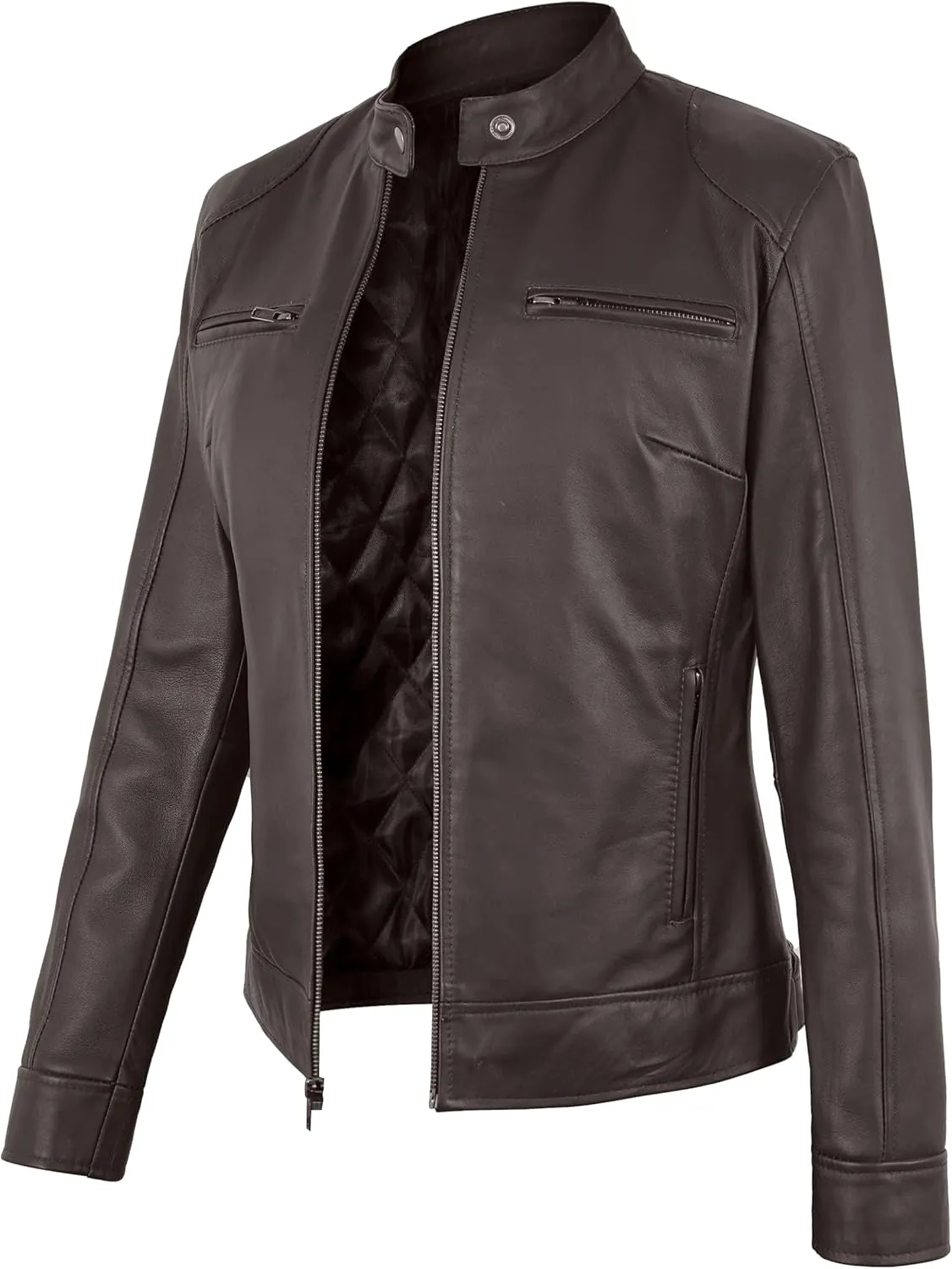 Womens Leather Jacket - Cafe Racer Moto Style Real Leather Jacket Women