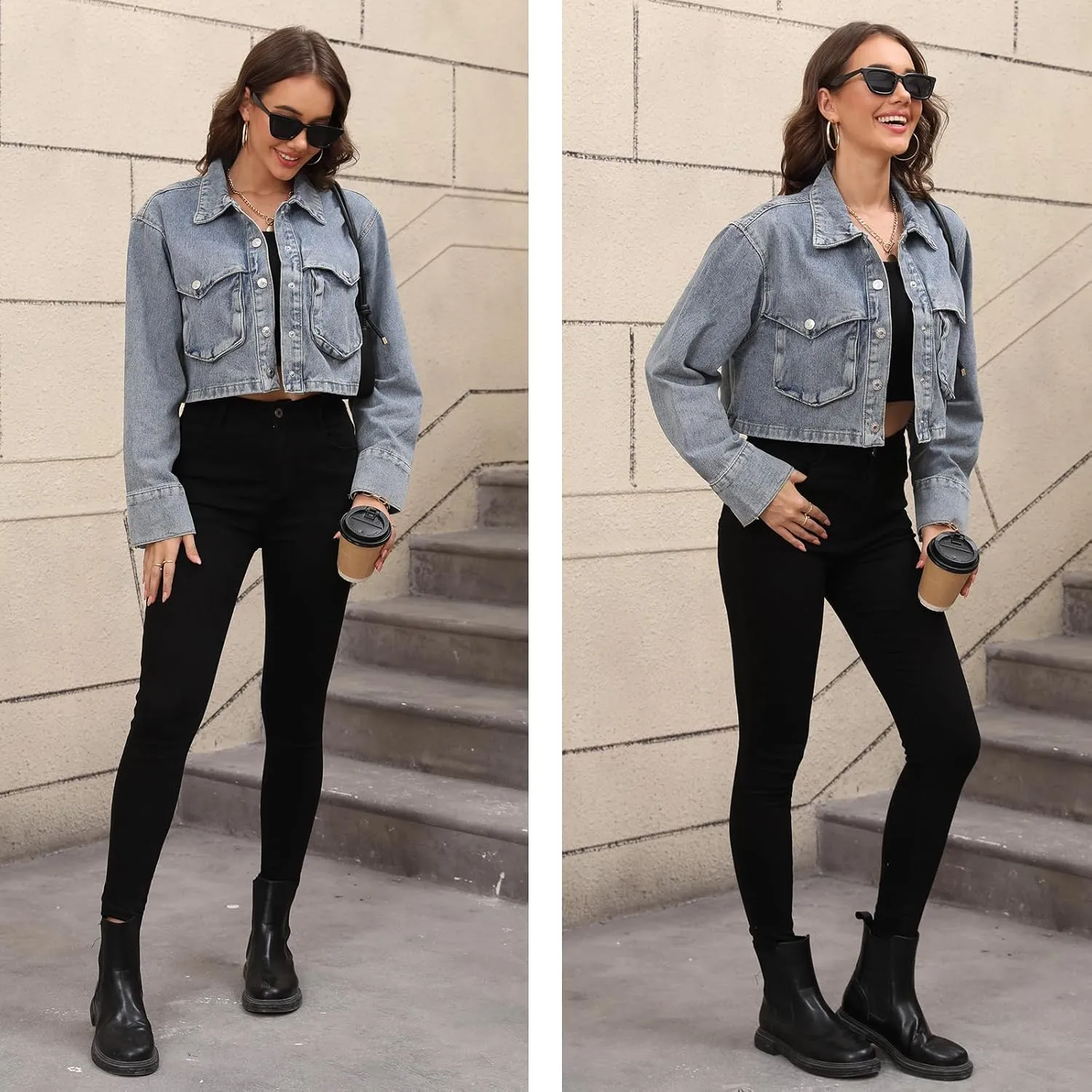 Women's Long Sleeve Button Down Cropped Trucker Short Denim Jean Jacket with Pockets