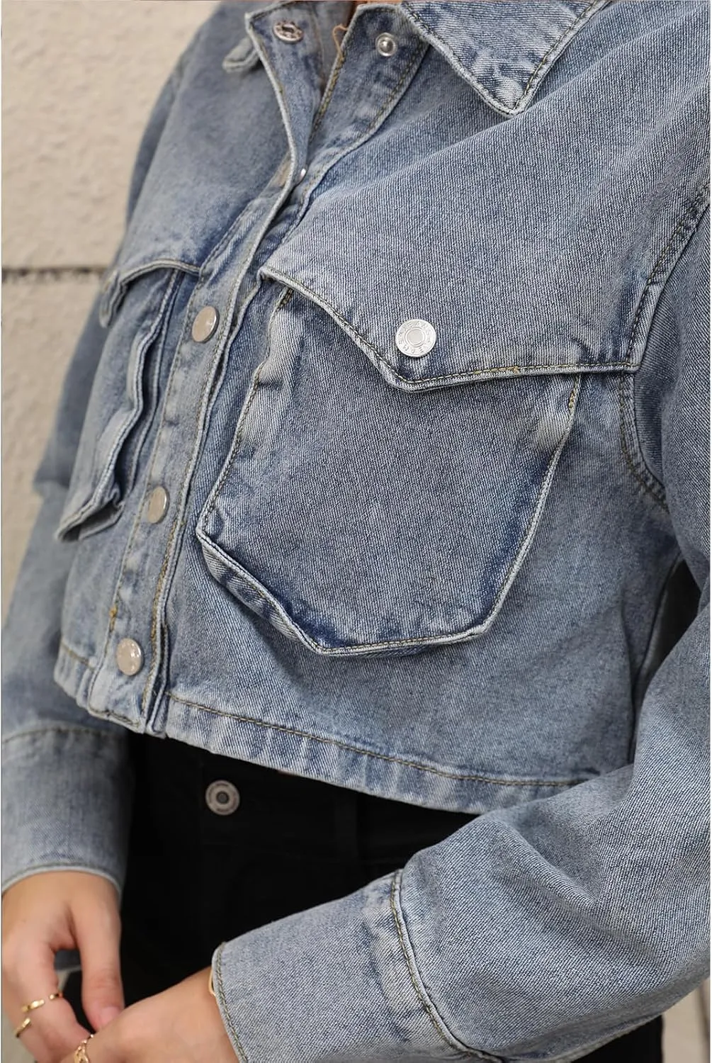 Women's Long Sleeve Button Down Cropped Trucker Short Denim Jean Jacket with Pockets