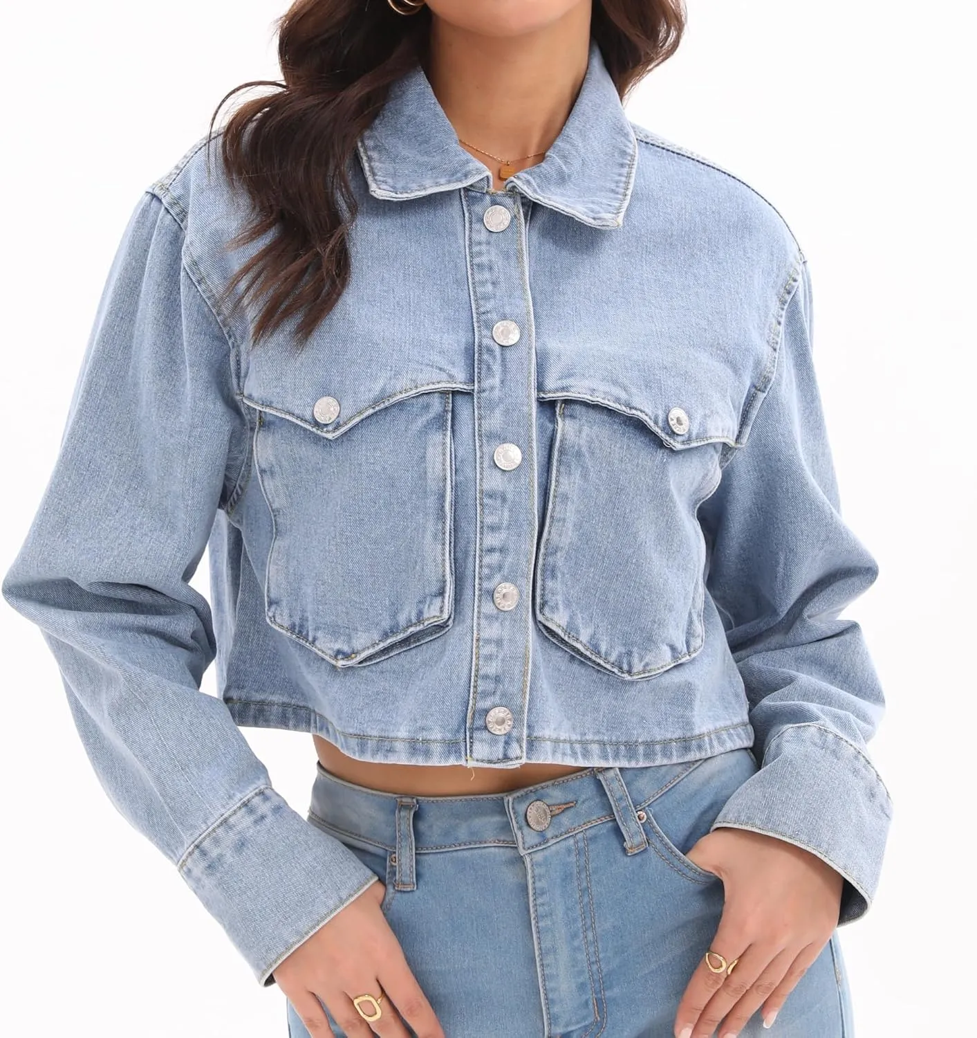 Women's Long Sleeve Button Down Cropped Trucker Short Denim Jean Jacket with Pockets