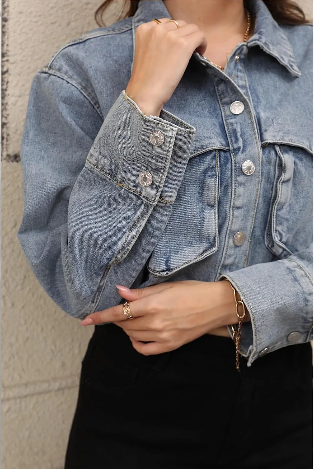 Women's Long Sleeve Button Down Cropped Trucker Short Denim Jean Jacket with Pockets