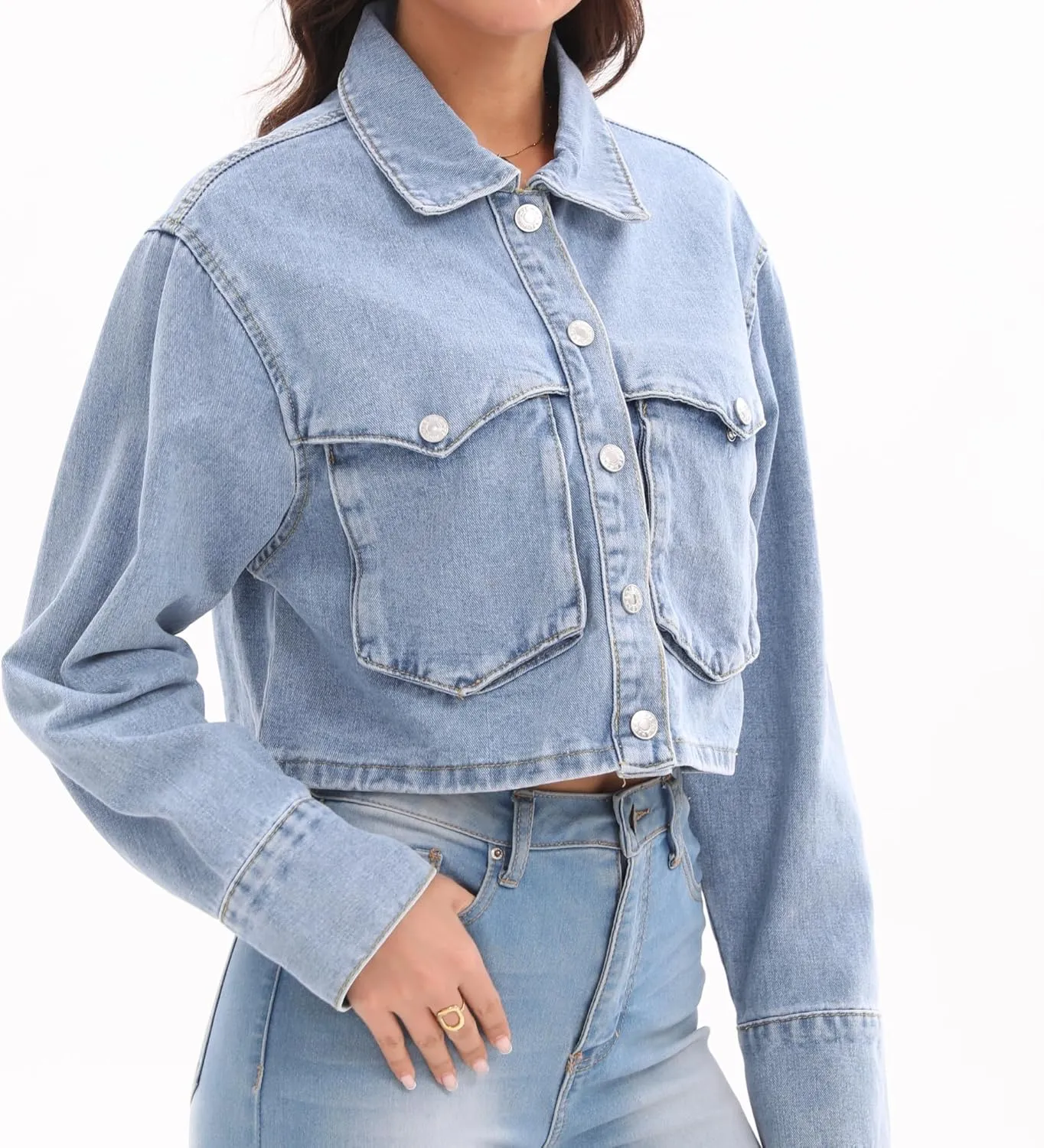 Women's Long Sleeve Button Down Cropped Trucker Short Denim Jean Jacket with Pockets