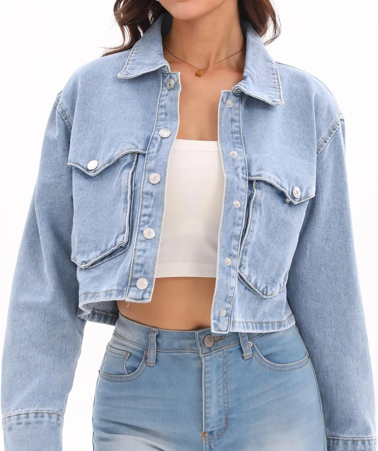 Women's Long Sleeve Button Down Cropped Trucker Short Denim Jean Jacket with Pockets