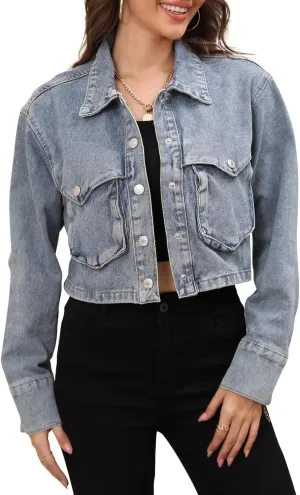 Women's Long Sleeve Button Down Cropped Trucker Short Denim Jean Jacket with Pockets