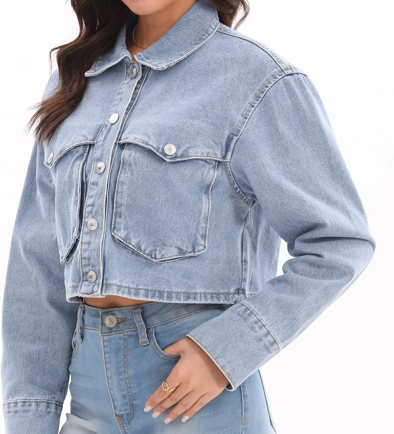 Women's Long Sleeve Button Down Cropped Trucker Short Denim Jean Jacket with Pockets