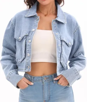 Women's Long Sleeve Button Down Cropped Trucker Short Denim Jean Jacket with Pockets