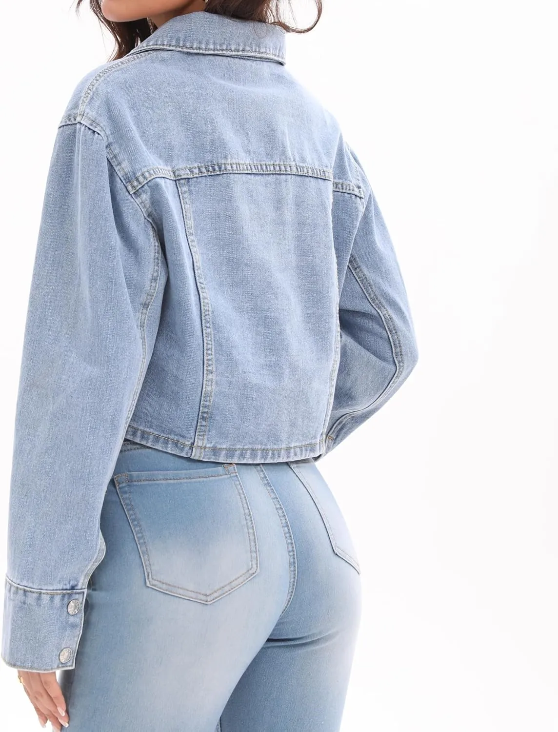 Women's Long Sleeve Button Down Cropped Trucker Short Denim Jean Jacket with Pockets