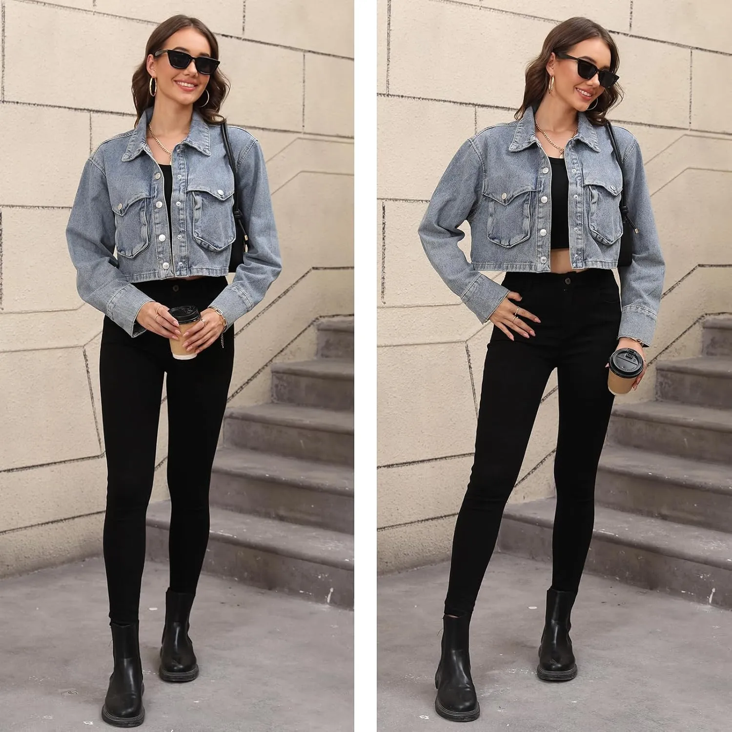 Women's Long Sleeve Button Down Cropped Trucker Short Denim Jean Jacket with Pockets