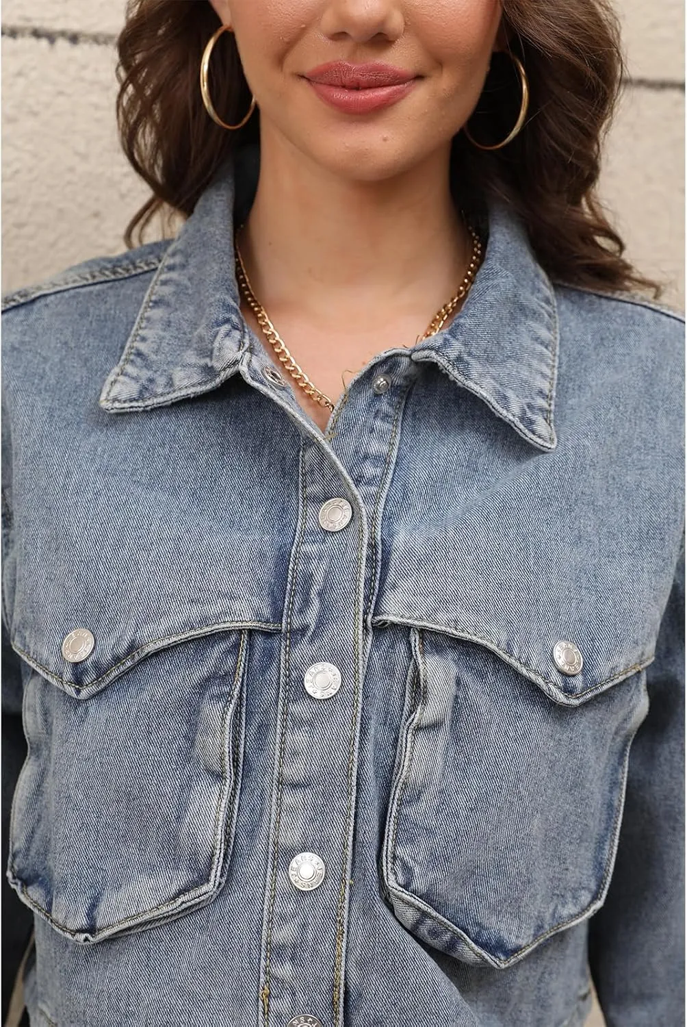 Women's Long Sleeve Button Down Cropped Trucker Short Denim Jean Jacket with Pockets