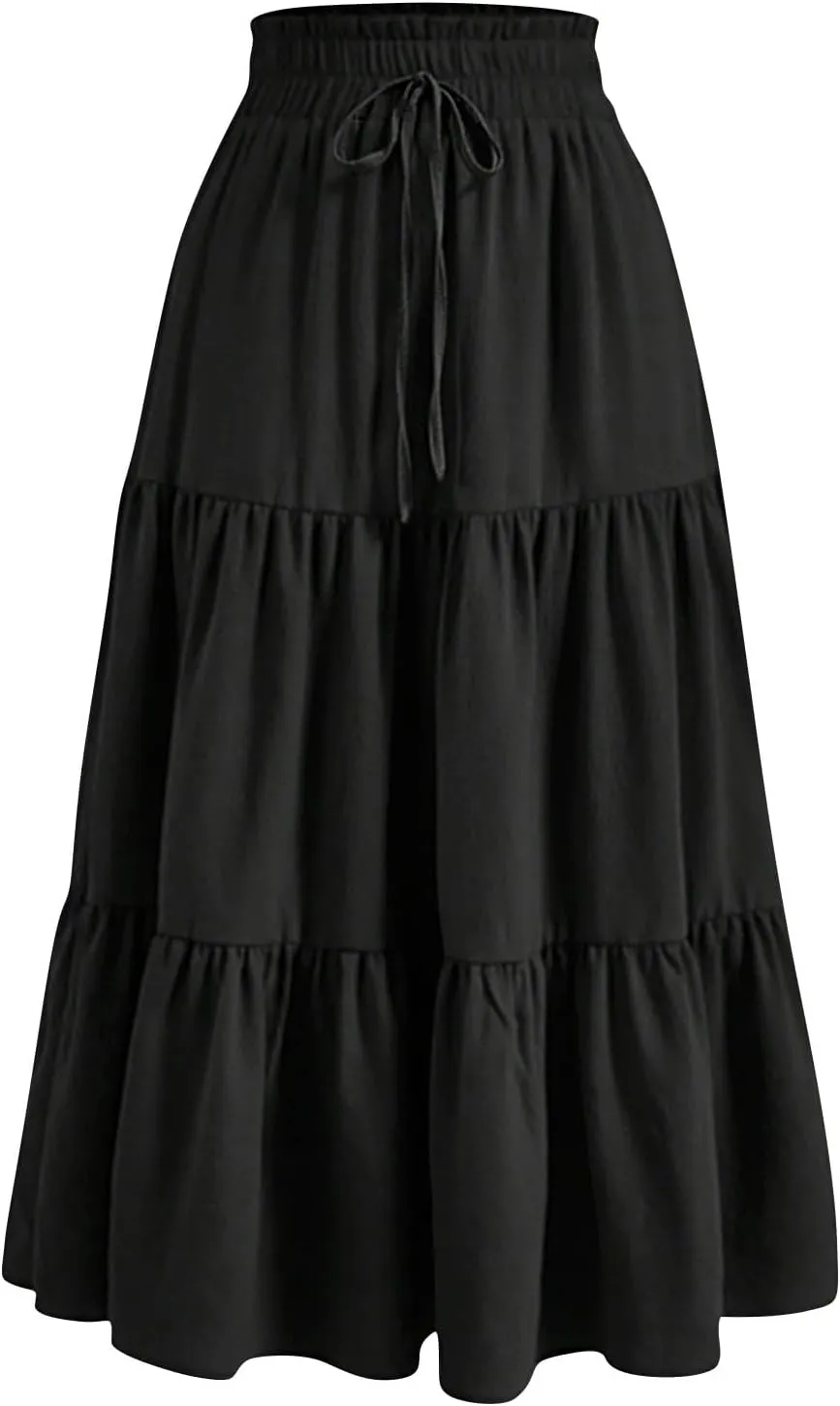 Women's Maxi Skirt 2025 Casual Loose Trendy Elastic Waist Floral Print Bohemian Sun A-Line Beach Skirts, S-XL