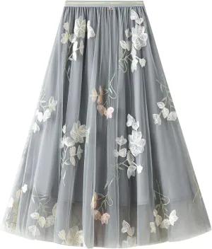 Women's Midi Length Skirt Layered Tulle A Line Skirts Embroidery/Floral Print