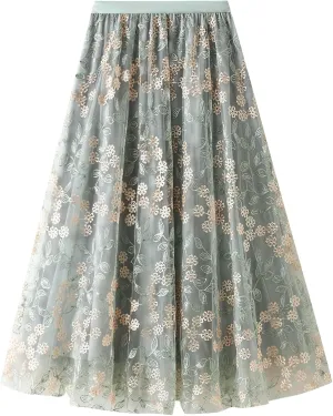 Women's Midi Length Skirt Layered Tulle A Line Skirts Embroidery/Floral Print