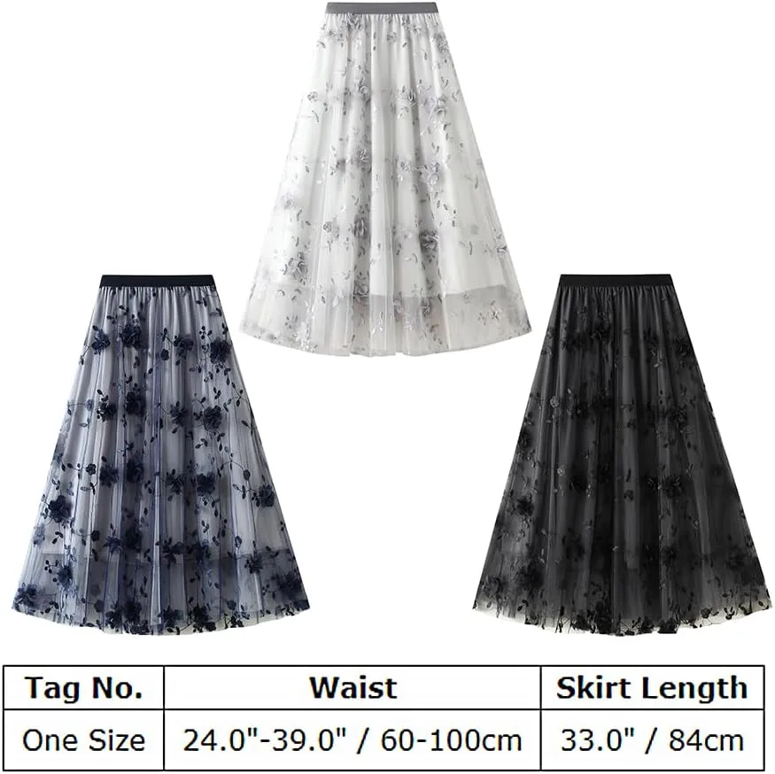Women's Midi Length Skirt Layered Tulle A Line Skirts Embroidery/Floral Print