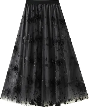 Women's Midi Length Skirt Layered Tulle A Line Skirts Embroidery/Floral Print