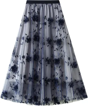 Women's Midi Length Skirt Layered Tulle A Line Skirts Embroidery/Floral Print