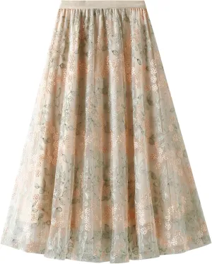 Women's Midi Length Skirt Layered Tulle A Line Skirts Embroidery/Floral Print