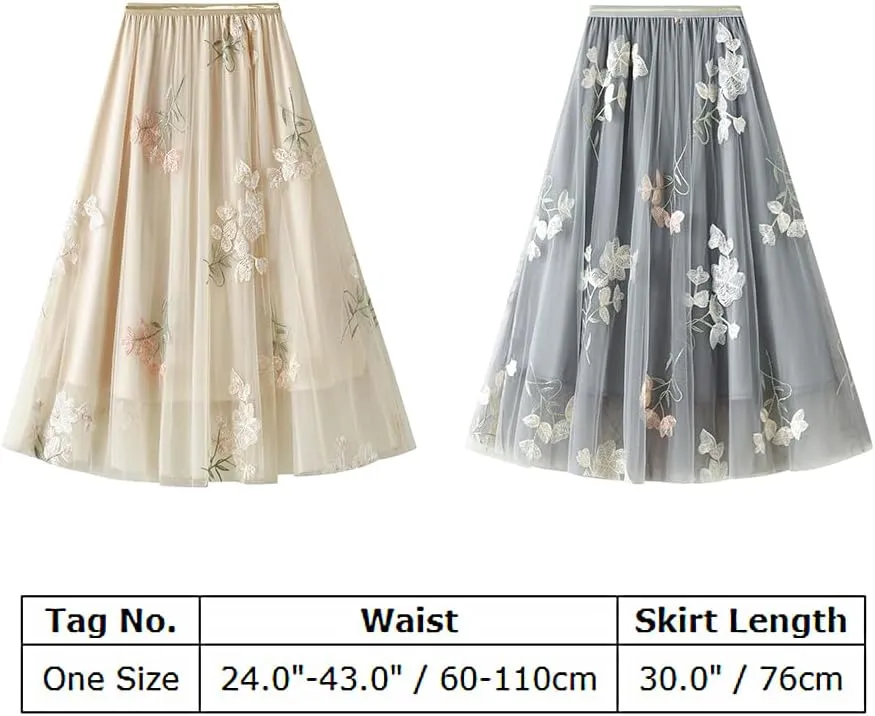 Women's Midi Length Skirt Layered Tulle A Line Skirts Embroidery/Floral Print