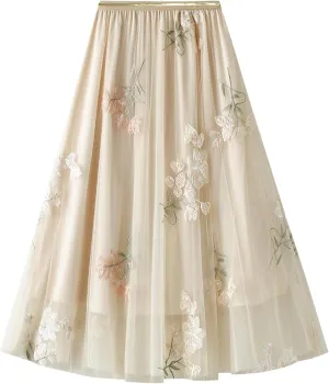 Women's Midi Length Skirt Layered Tulle A Line Skirts Embroidery/Floral Print