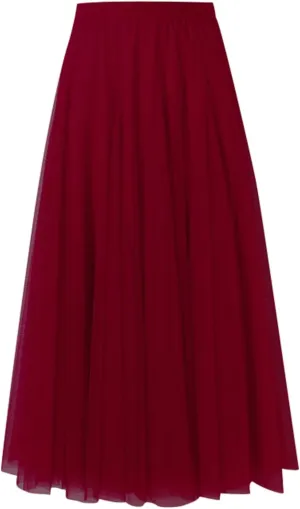 Women's Midi Skirt Elastic High Waist Pleated Skirt Trendy Fashion Mesh Skirts Knee Length Swing A-Line Flowy Skirts