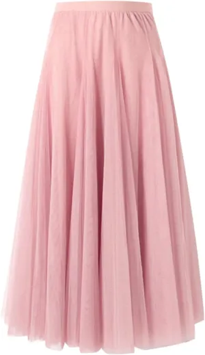 Women's Midi Skirt Elastic High Waist Pleated Skirt Trendy Fashion Mesh Skirts Knee Length Swing A-Line Flowy Skirts