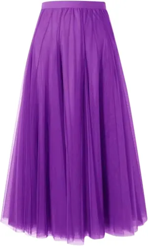 Women's Midi Skirt Elastic High Waist Pleated Skirt Trendy Fashion Mesh Skirts Knee Length Swing A-Line Flowy Skirts