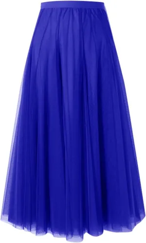 Women's Midi Skirt Elastic High Waist Pleated Skirt Trendy Fashion Mesh Skirts Knee Length Swing A-Line Flowy Skirts